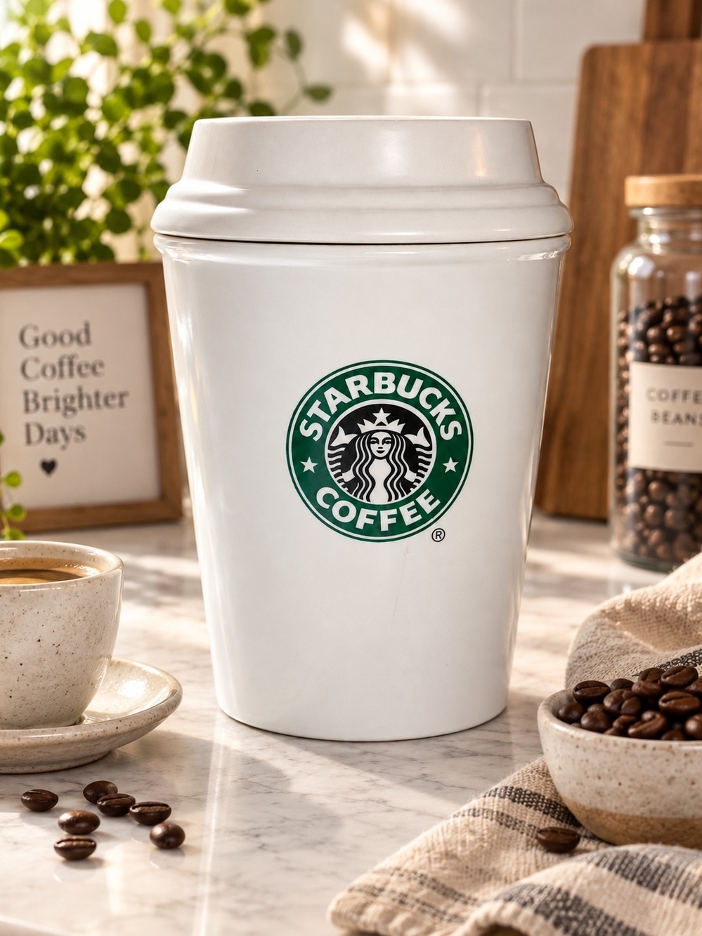 Starbucks Coffee Ceramic Canister White Green Logo Storage Jar